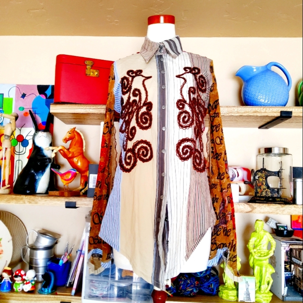 SAVE THE QUEEN Modernized Artful Western Style Shirt Sheer Back Sz L Like New